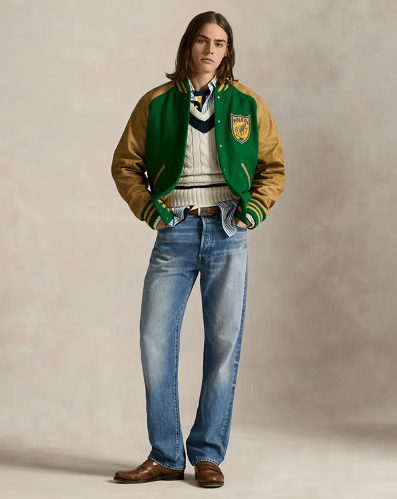Polo Ralph Lauren varsity jacket with cricket sweater and denim