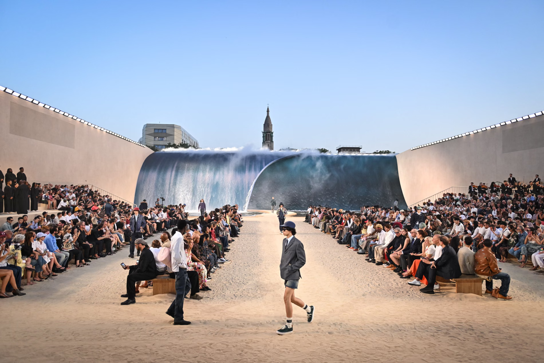 Louis Vuitton Spring/Summer 2027 menswear show, staged on an indoor beach in Paris
