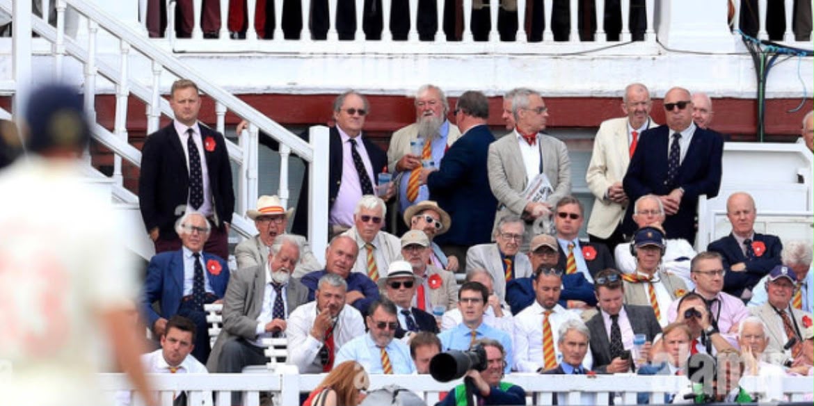 MCC members in the Lord's Pavilion — egg-and-bacon tie